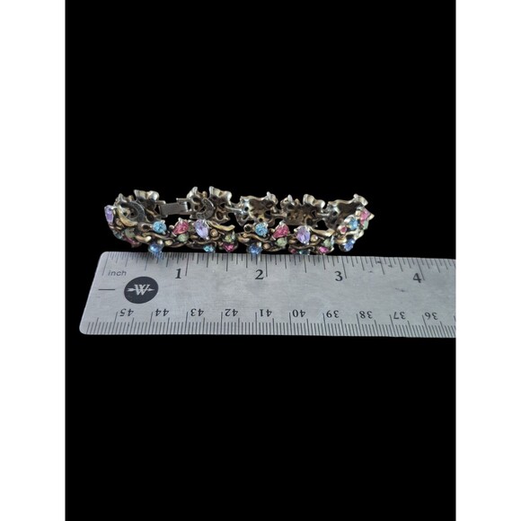 Vintage Hollycraft 1950 Signed Fruit Salad Green Pink Blue Rhinestone Bracelet - Picture 5 of 5